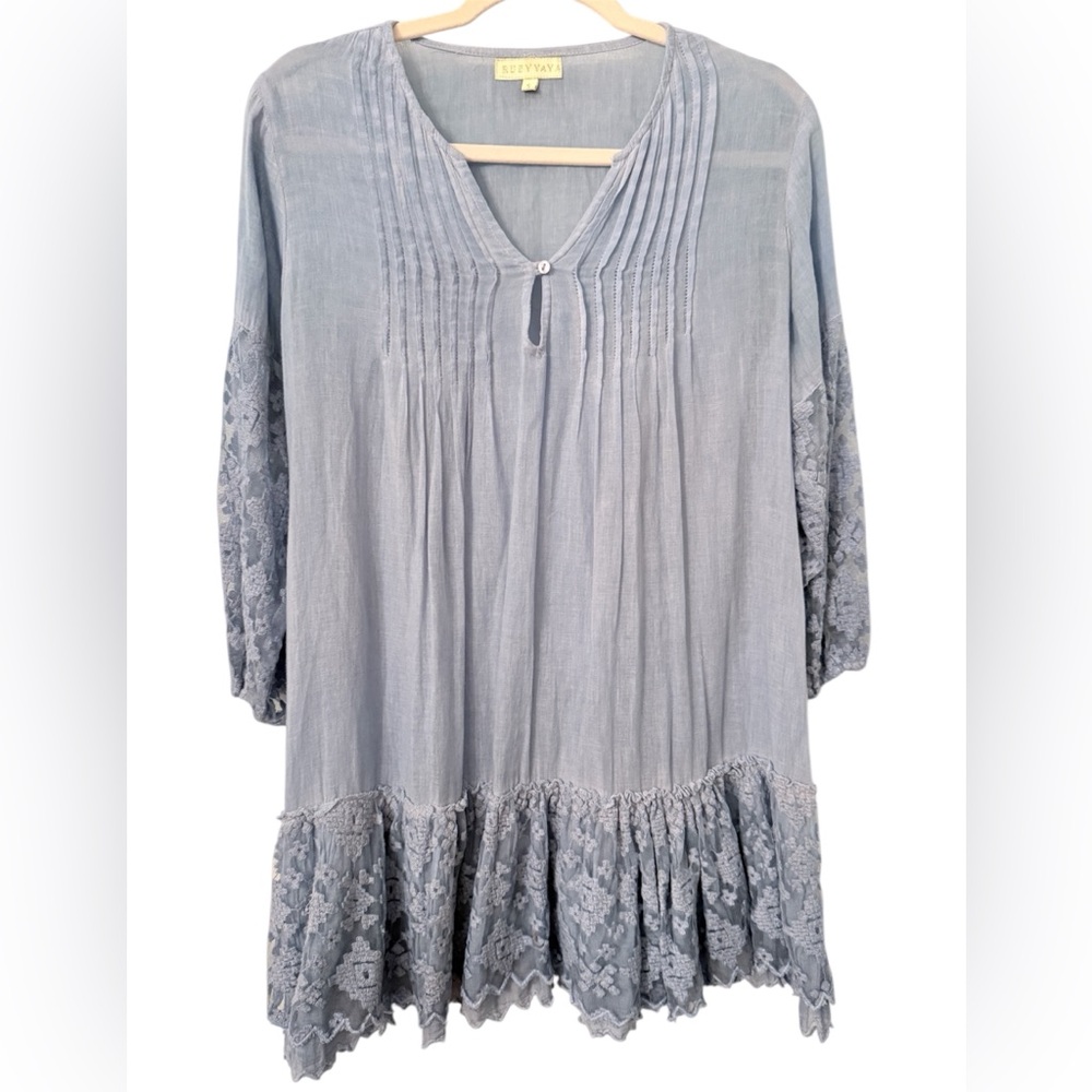 RubyYaya Dress Tunic Blue Gray Pintuck Lace Hem Tunic Dress Size Small Boho